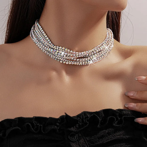 Exaggerated Multi-Layer Diamond-Encrusted Necklace Colorful Light Full Diamond Fashion Lockbone Chain Luxury Sensation Jewelry