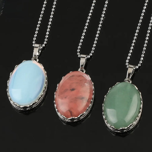 Semi-Precious Purple Quartz Oval Shaped Natural Stone Pendant Necklace Unisex Simple Design Jewelry For Men And Women