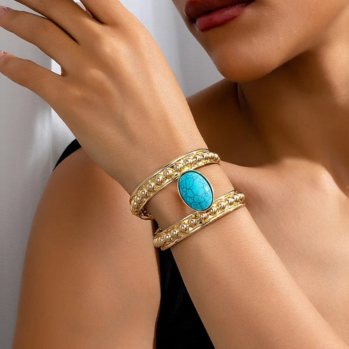 Simple Retro Jewelry Alloy Material Turquoise Inlaid Open Bracelet Set Accessories