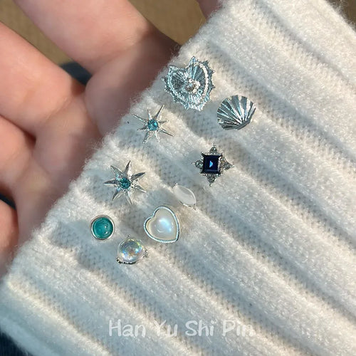 For Women Blue Shell Stud Earrings Featuring 925 Sterling Silver Ear Pins, 1 Set