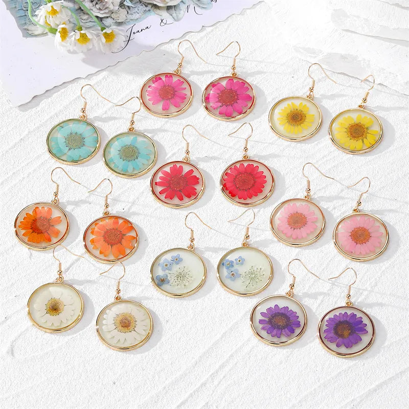 1 Pair Cute Vacation Tropical Round Natural Dried Flowers Flower Synthetic Resin Alloy Drop Earrings