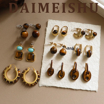 Fashionable Tiger Eye Stone Earrings Autumn Winter New Style Versatile Luxury Middle-Aged Vintage Design Geometric Pattern For Women