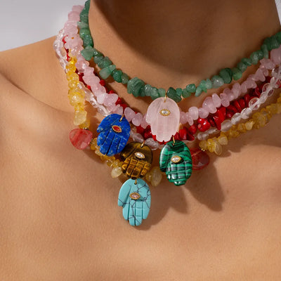 Vintage Style Classic Style Palm natural stone Tiger Eye Lapis Lazuli Beaded Chain Pendant Necklace In Bulk