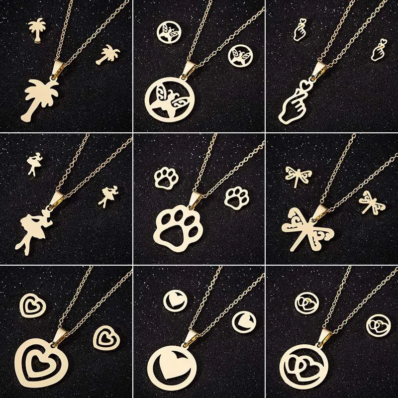 Wholesale Jewelry Fashion Coconut Tree Heart Shape 201 Stainless Steel 18K Gold Plated Jewelry Set
