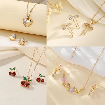 Cherry Jewelry Set for Women with Claw Setting, Golden Plated Copper, Zircon Inlay, and Cable Chain Featuring Water Plating