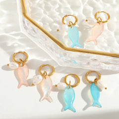 1 Pair Cute Lady Handmade Irregular Geometric Fish Plating Inlay 304 Stainless Steel Natural Pearl Bao Bei 18K Gold Plated Earrings