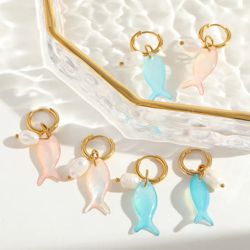 1 Pair Cute Lady Handmade Irregular Geometric Fish Plating Inlay 304 Stainless Steel Natural Pearl Bao Bei 18K Gold Plated Earrings