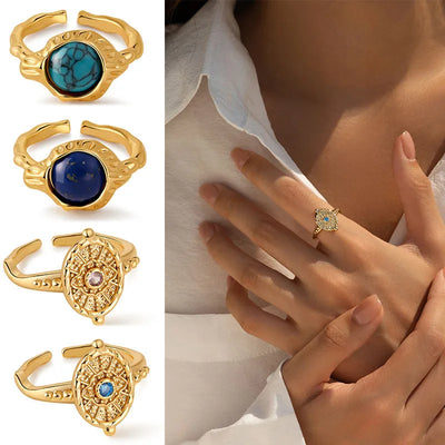 Retro Luxury Geometric Round Open Ring Turquoise Fashionable Versatile Stylish Fashion Statement Copper Alloy Ladies Ring