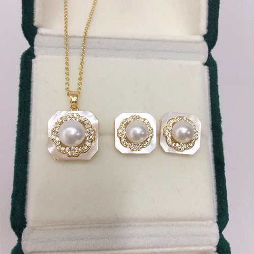Elegant Natural Freshwater Pearl Pendant Earrings Set Square Shell Beads White Grey Color Jewelry Accessories