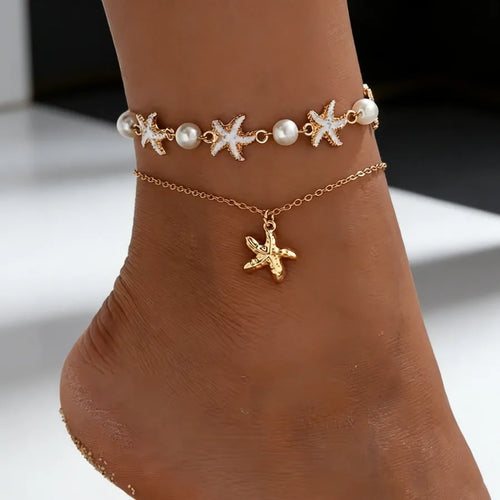 Elegant Gold Enamel Starfish Anklet for Women, 1 Piece Alloy Foot Jewelry