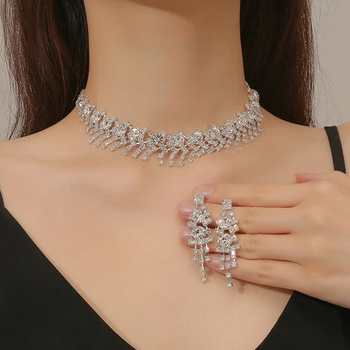1 set fashion tassel imitation pearl rhinestone women's earrings necklace