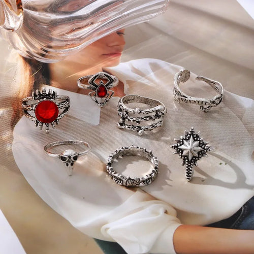 Fashion Geometric Wave Totem Open Ring 7-Piece Set Beach Women's Ring Gothic Style Alloy Jewelry Accessories Asymmetric Round Dot