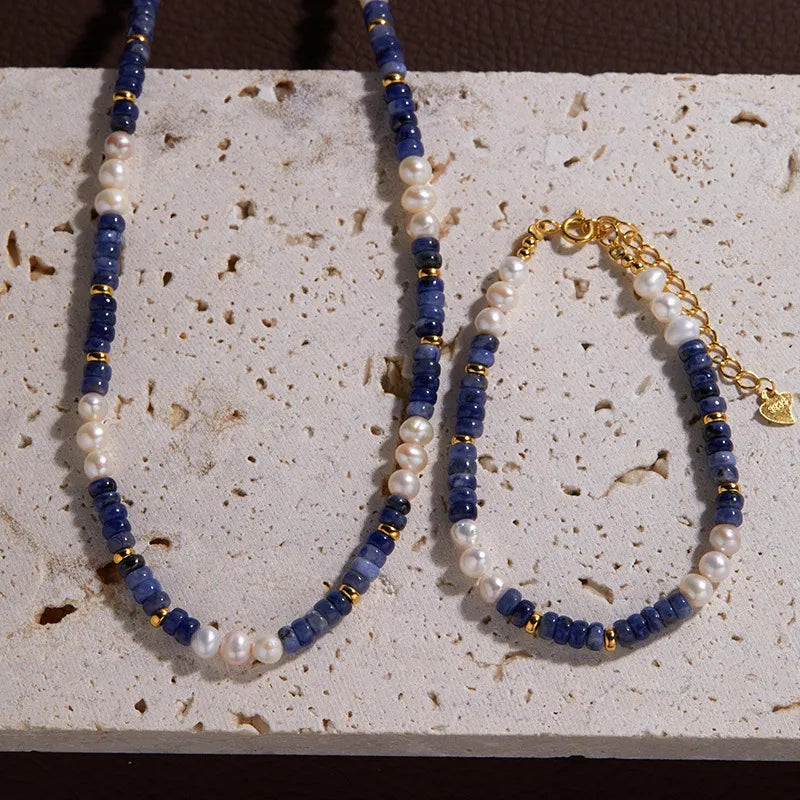 Maillard Style Blue Pearl Braid Necklace for Women in 925 Sterling Silver with Freshwater Pearl Inlay
