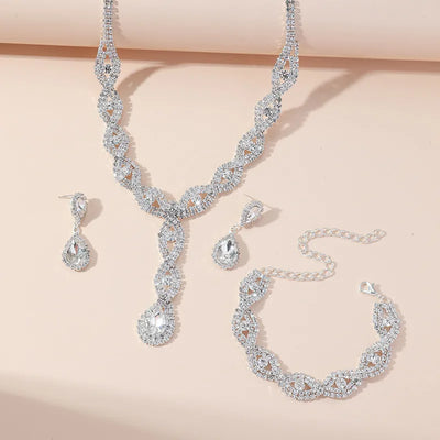 Full Diamond Claw Chain Woven Three Piece Set Necklace Earrings Bracelet Wedding Dress Accessory Set