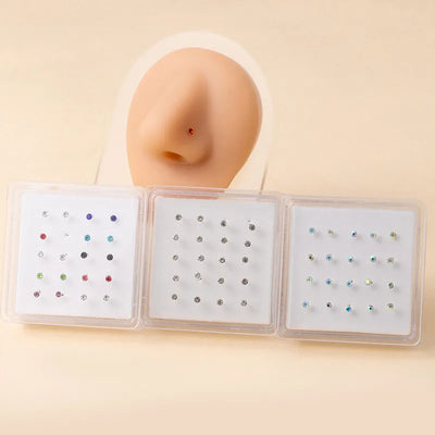 20pcs Mini Colorful Diamond Nose Studs Unisex European Style Soft Cartilage Nose Rings Bohemian Pattern Metal Piercing Jewelry