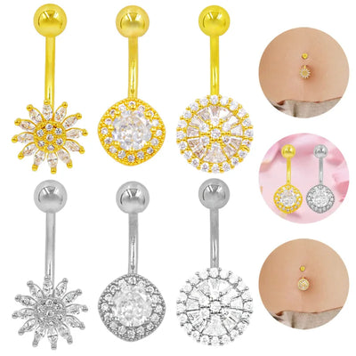 Gabei   Full Diamond Round Navel Ring Design Sunflower Full Diamond Copper Vacuum Electroplating KC Gold Navel Piercing Jewelry
