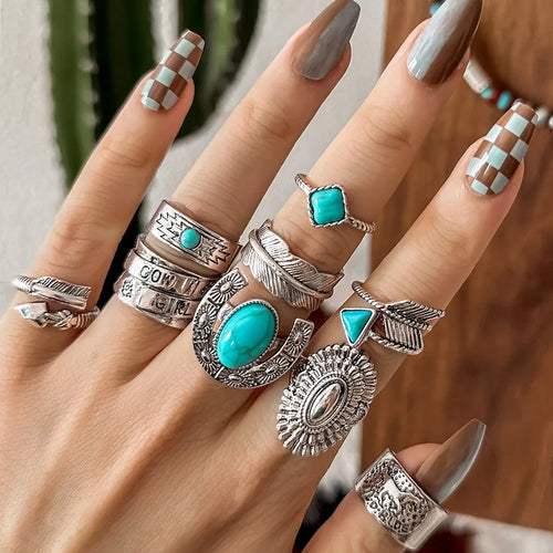 Retro Western Cowboy Turquoise Color Silver Arrow Feather Horse Ring Multi-element Imitation Gemstone Ring for Women Casual Wear