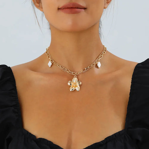 Golden Flowers Double Layer Necklaces for Women Featuring Electroplated Metal Design