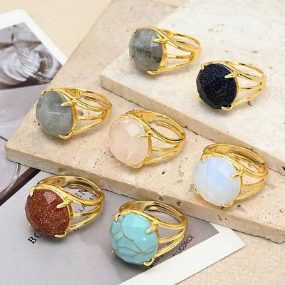 Fashionable Casual Glowing Stone Gold Sandstone Powder Crystal Synthetic Turquoise Blue Sandstone Agate Cut Round Ring