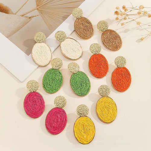 Handmade Oval Raffia Earrings for Women in Coffer Color, Stylish and Lightweight Accessories