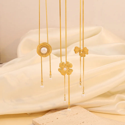 Simple Style Shiny Flower Bow Knot 18K Gold Plated Pearl 304 Stainless Steel Imitation Pearl Wholesale Pendant Necklace