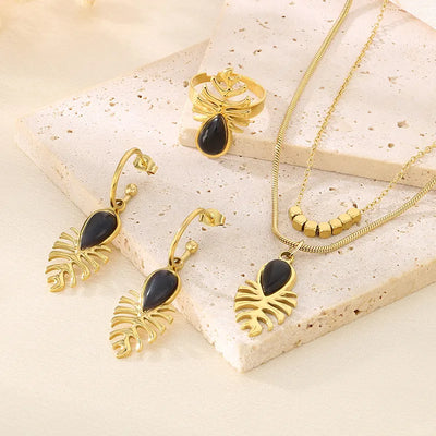 Wholesale Jewelry Vintage Style Leaves 304 Stainless Steel 18K Gold Plated Jewelry Set
