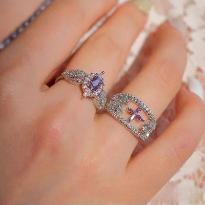 Purple Open Ring with Lavender Crown and Sparkling Heart Design Vintage French Classic