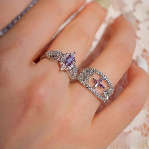 Purple Open Ring with Lavender Crown and Sparkling Heart Design Vintage French Classic
