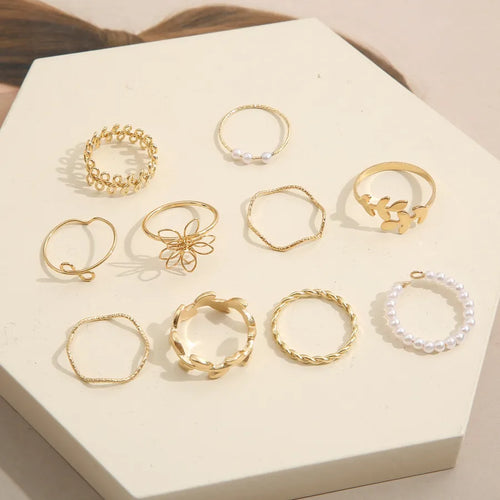 simple style leaf flower alloy pearl women's rings
