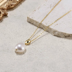 Freshwater Pearl Sterling Silver 18K Gold Plated Plating Geometric Freshwater Pearl Chain Pendant Necklace