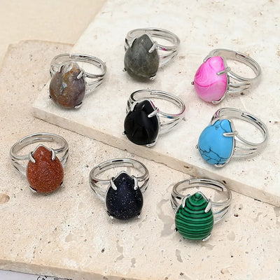 Fashionable Casual Drop-Shaped Ring Synthetic Turquoise Agate Obsidian Blue Sandstone Gold Dust Stone Modern Minimalist Style
