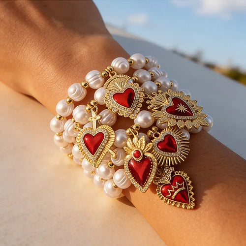 Retro Heart Shape Weave Bracelet for Women in Bronze with Freshwater Pearl and Zircon Inlay