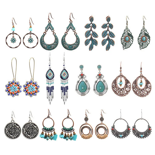 1 pair bohemian round alloy irregular tassel carving women's drop earrings