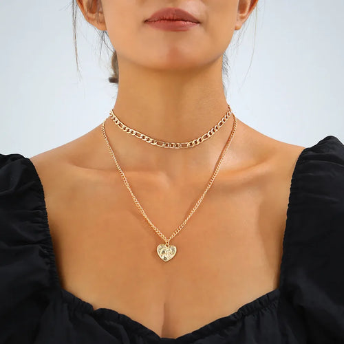 Heart Shape Double Layer Necklace for Women in Golden Metal with Electroplated Finish