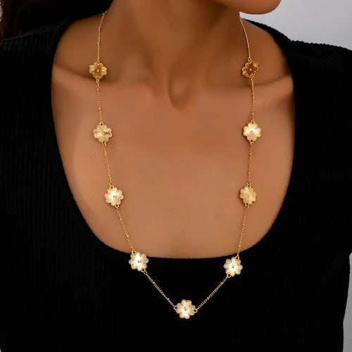 Long Floral Necklace for Women Bohemian Print Zinc Alloy Cool Sweater Chain Jewelry Accessory