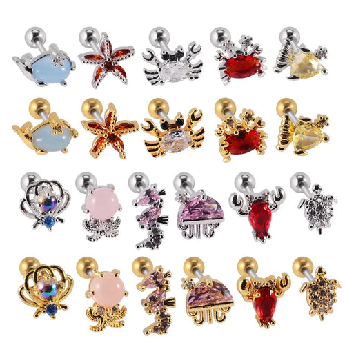1 piece retro starfish crab stainless steel copper inlay zircon ear studs
