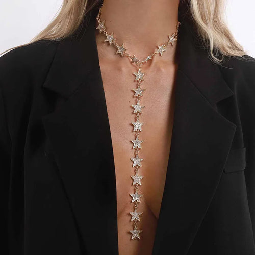 Long Necklace for Women Alloy Star Design Full Rhinestone Sexy Choker Extended Inlaid Jewelry