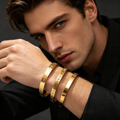 Roman Numeral Cutting Bangle Set of 3 Pieces in Titanium Steel with Electroplated Gold Plating and Rhinestone Inlay
