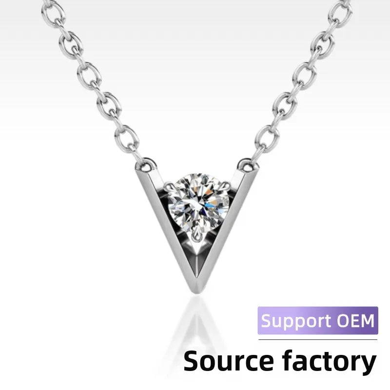 925 Sterling Silver V-Shaped Ultra-Shiny Moissanite Pendant Necklace Women's Fashion Commute Clavicle Chain Zirconia Jewelry