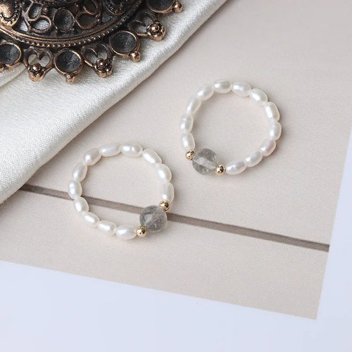 Simple Style Freshwater Pearl Ring Featuring Natural White 3-4mm Rice-Shaped Pearls
