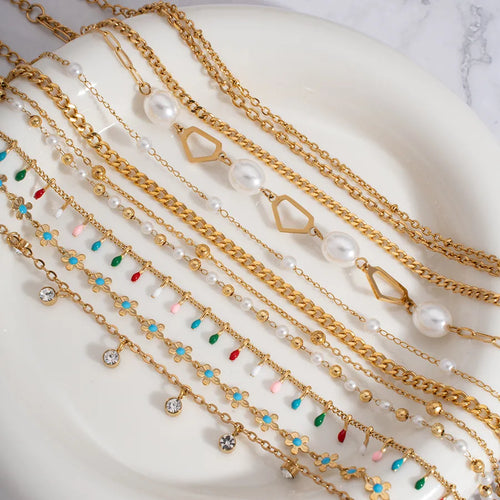 Wholesale Jewelry Elegant Lady Shiny Pearl 304 Stainless Steel Imitation Pearl Pearl 18K Gold Plated Inlay Anklet