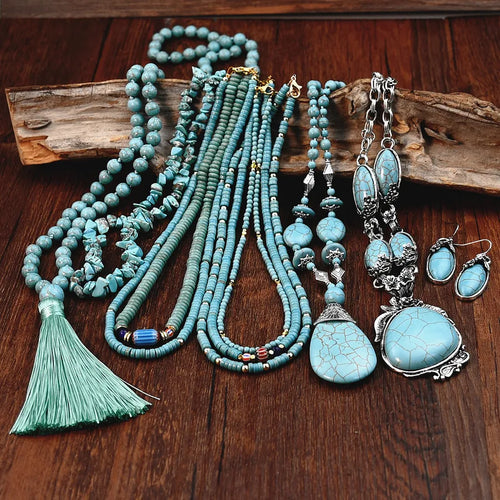 IG Style Retro Geometric turquoise Beaded Handmade Inlay Turquoise Women's Earrings Necklace