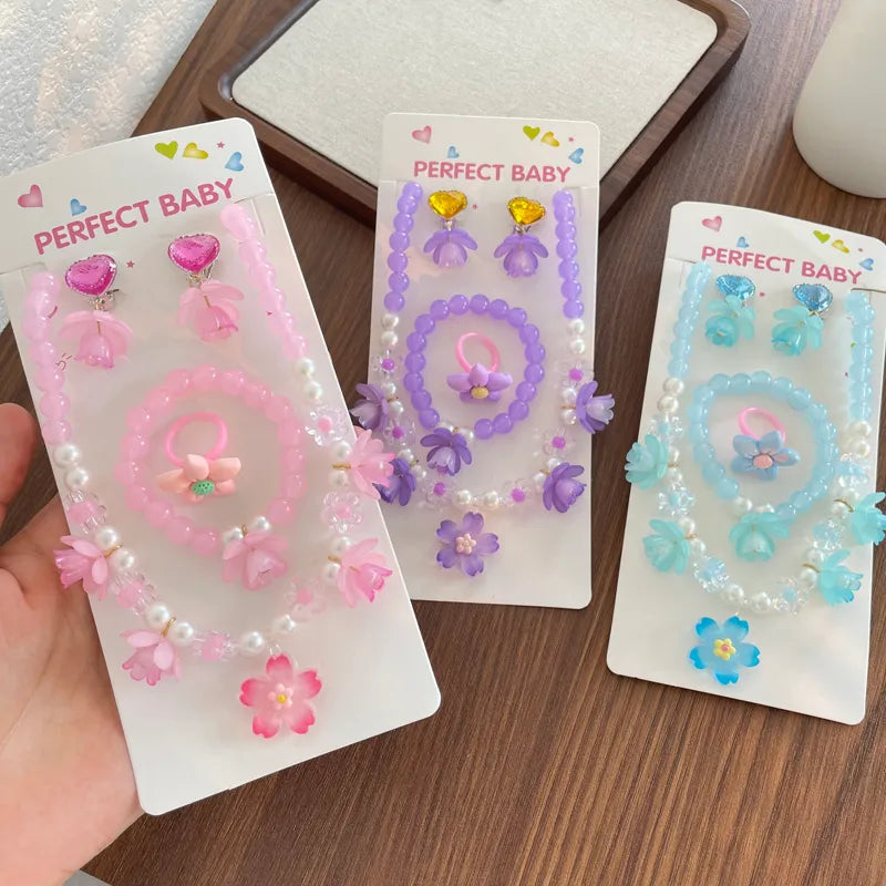 Princess Cute Sweet Multicolor Solid Color Flower Plastic Resin Flowers Lace Resin Girl'S Jewelry Set
