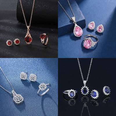 Elegant Women's Jewelry Set Necklace Ring Earrings Pendant Zircon Gemstone Blue Red Yellow Green Purple White Bohemian Style