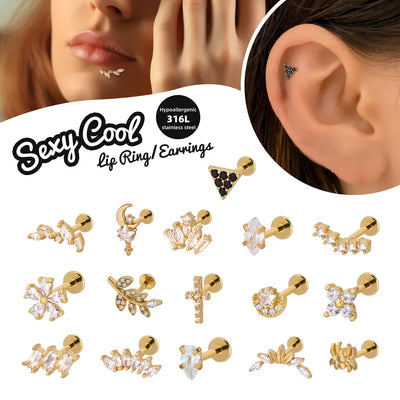 Fashionable New Arrival Inner Outer Tooth Lip Studs Zircon Embedded 316 Stainless Steel Ear Bone Studs Unisex Geometric Pattern