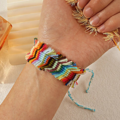 Bohemian Style Handmade Woven Colorful Bracelet Fashion Trendy Multicolor Rope Versatile Boho Chic Geometric Tassel Polyester Cord