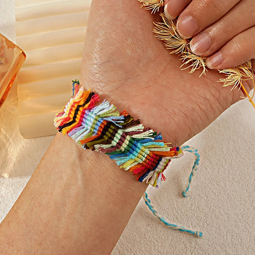 Bohemian Style Handmade Woven Colorful Bracelet Fashion Trendy Multicolor Rope Versatile Boho Chic Geometric Tassel Polyester Cord