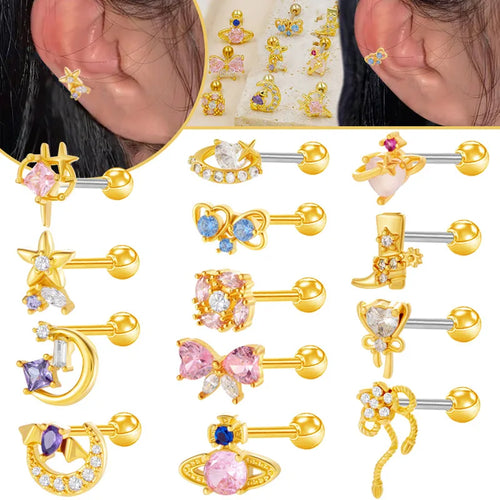 1 Piece Ear Cartilage Rings & Studs Casual Modern Style Classic Style Pentagon Heart Shape Bow Knot 316 Stainless Steel  Copper Irregular Inlay Resin Rhinestones Glass Gold Plated