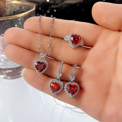 vintage style heart shape copper inlay artificial gemstones artificial diamond rings earrings necklace 4 piece set