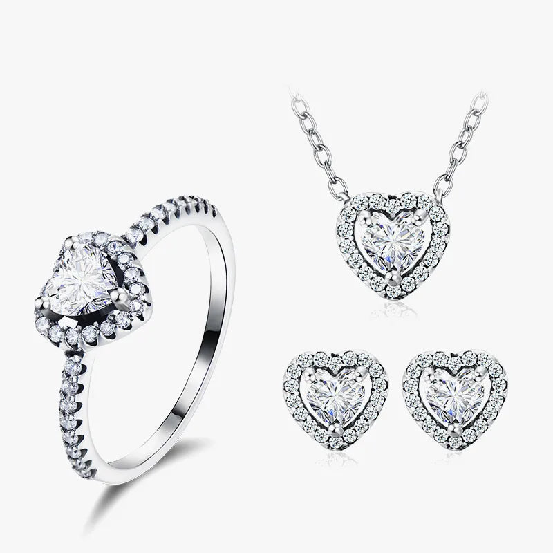 925 Sterling Silver Plating Inlay Heart Shape Zircon Rings Earrings Necklace